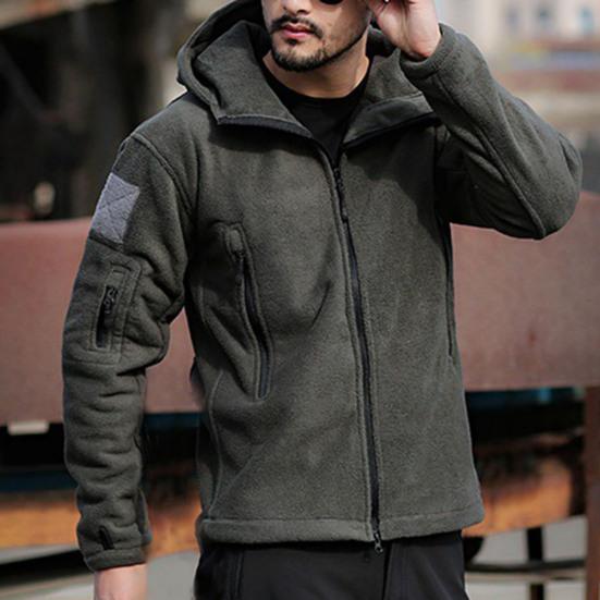 Men Jacket Solid Color Hooded Long Sleeve Fleece Slim Multi Pockets Windproof Hoodie for Outdoor