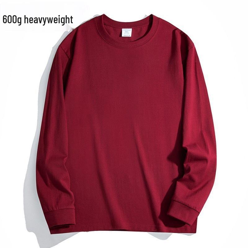 600G Heavyweight Men's Loose Fit Pure Cotton Long Sleeve T-Shirt - Small Neckline, High Gram Weight, Autumn/Winter.