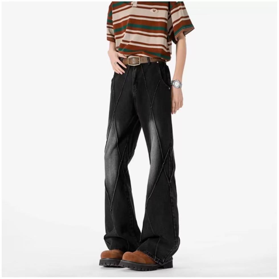 

Split and deconstruct jeans men s spring and autumn American high street vibe micro-pull pants trendy brand washed black straight trousers 3XL чорний