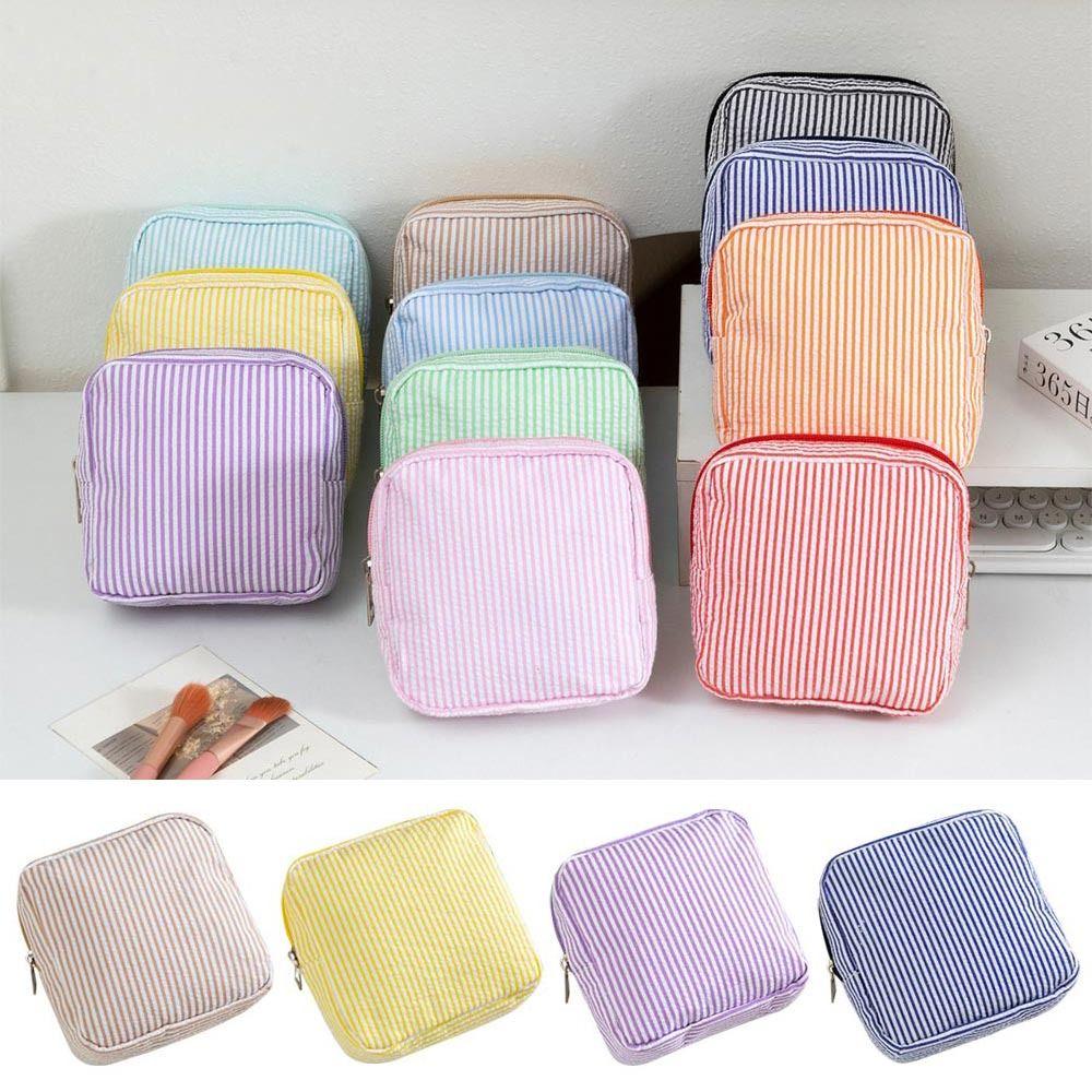 Durable Seersucker Sanitary Napkin Pouch Striped Pattern Multi-functional Mini Makeup Bag Coin Purse Women