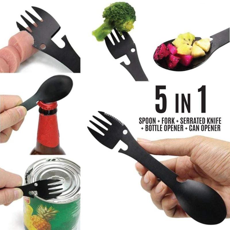 5 In 1 Multitool Stainless Steel Fork Spork Spoon Cutlery Flatware Utensil Portable Camp Multi Tool Bottle Opener Can Opener