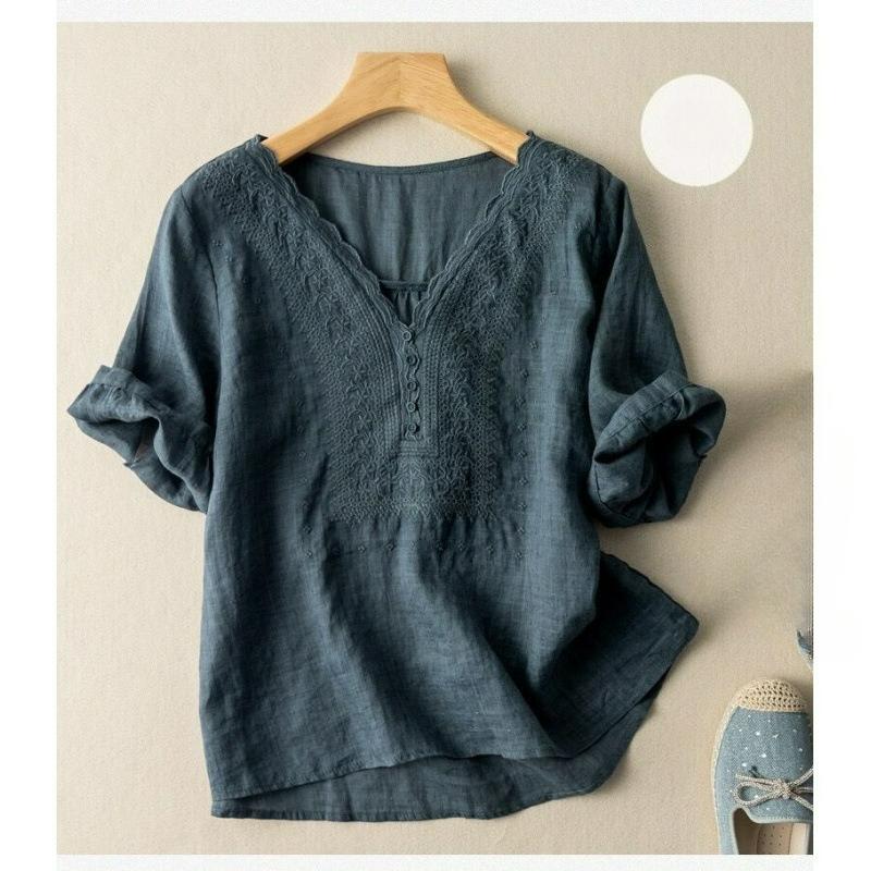 

Summer Literary Linen Short-sleeved Shirt Temperament Embroidered Collar Cotton and Linen Thin Casual Top Women XL темно-синього кольору