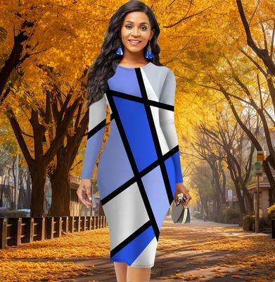 Long Sleeve Waist Tight Office Slim Fit Irregular Line Grid Printing Elegant Bodycon Dress