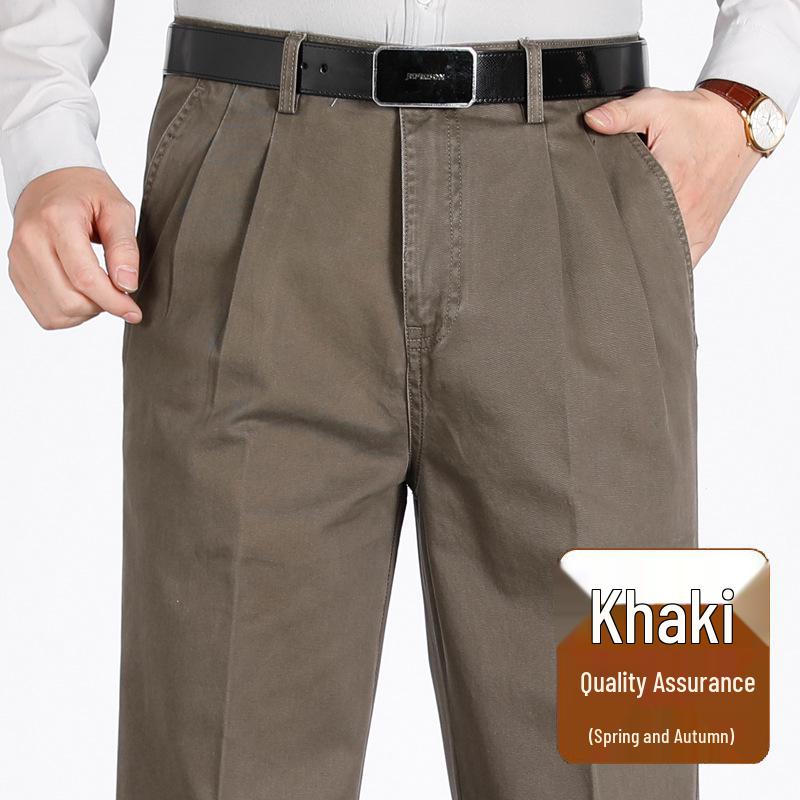Men's Pure Cotton Double-Pleat Casual Pants - High Waist, Wide Leg, Non-Iron, Summer-Weight for Middle-Aged and Elderly.