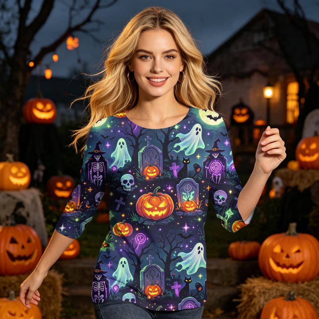 Womens Halloween Print Casual Three Quarter Sleeve Round Neck Top Lightweight Comfortable Fit Seasonal Shirt for Everyday Wear