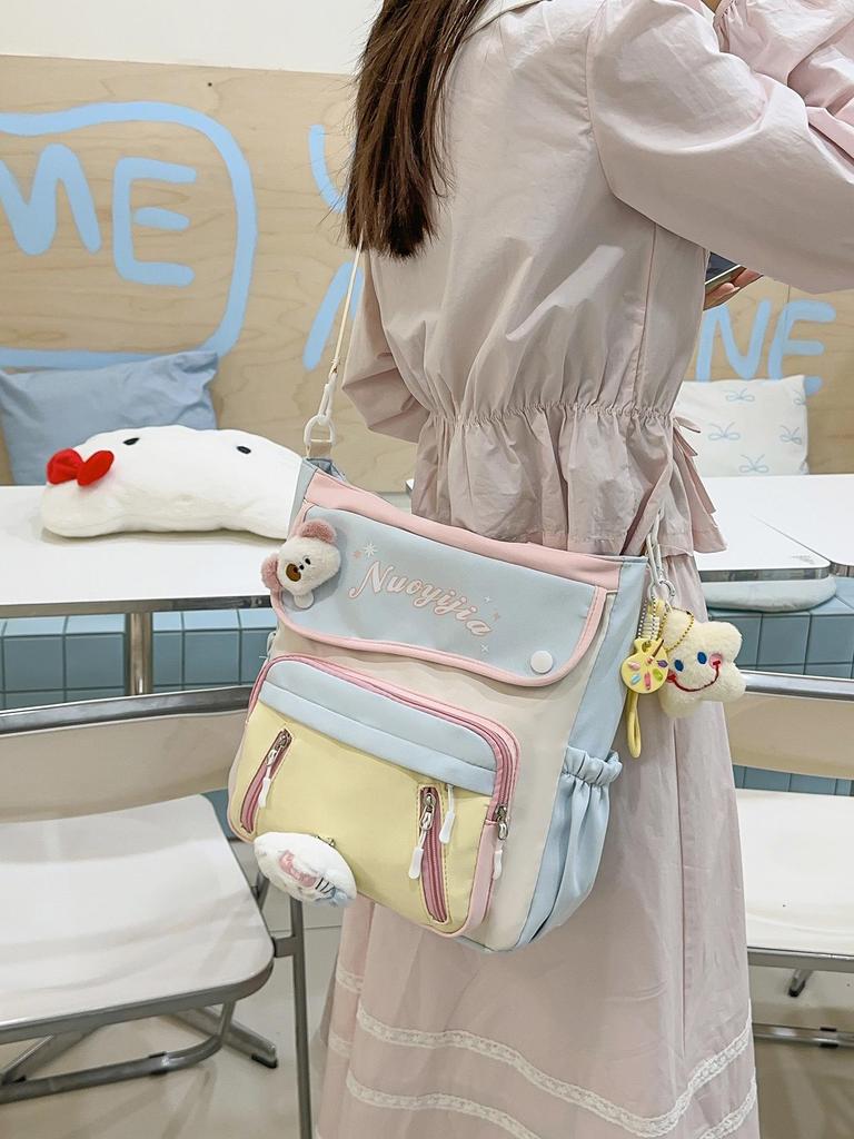 Japanese-Style Color-Block Tote Bag for Students: Lightweight, Large Capacity, Single-Shoulder Design