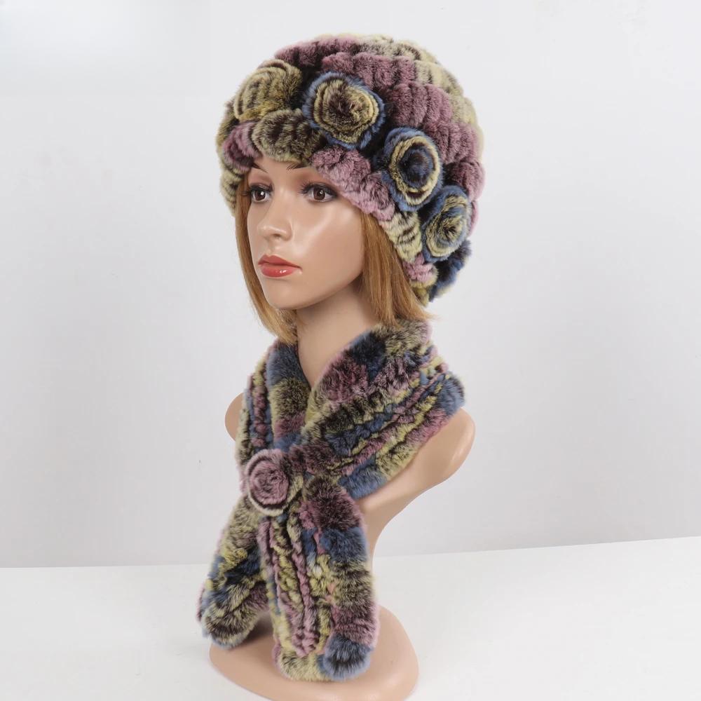 Hot Sale Lady Natural Fur Hats Scarves Sets Women Winter Knit Real Rex Rabbit Fur Hats Muffle 2 Pieces Real Fur Hat Scarf