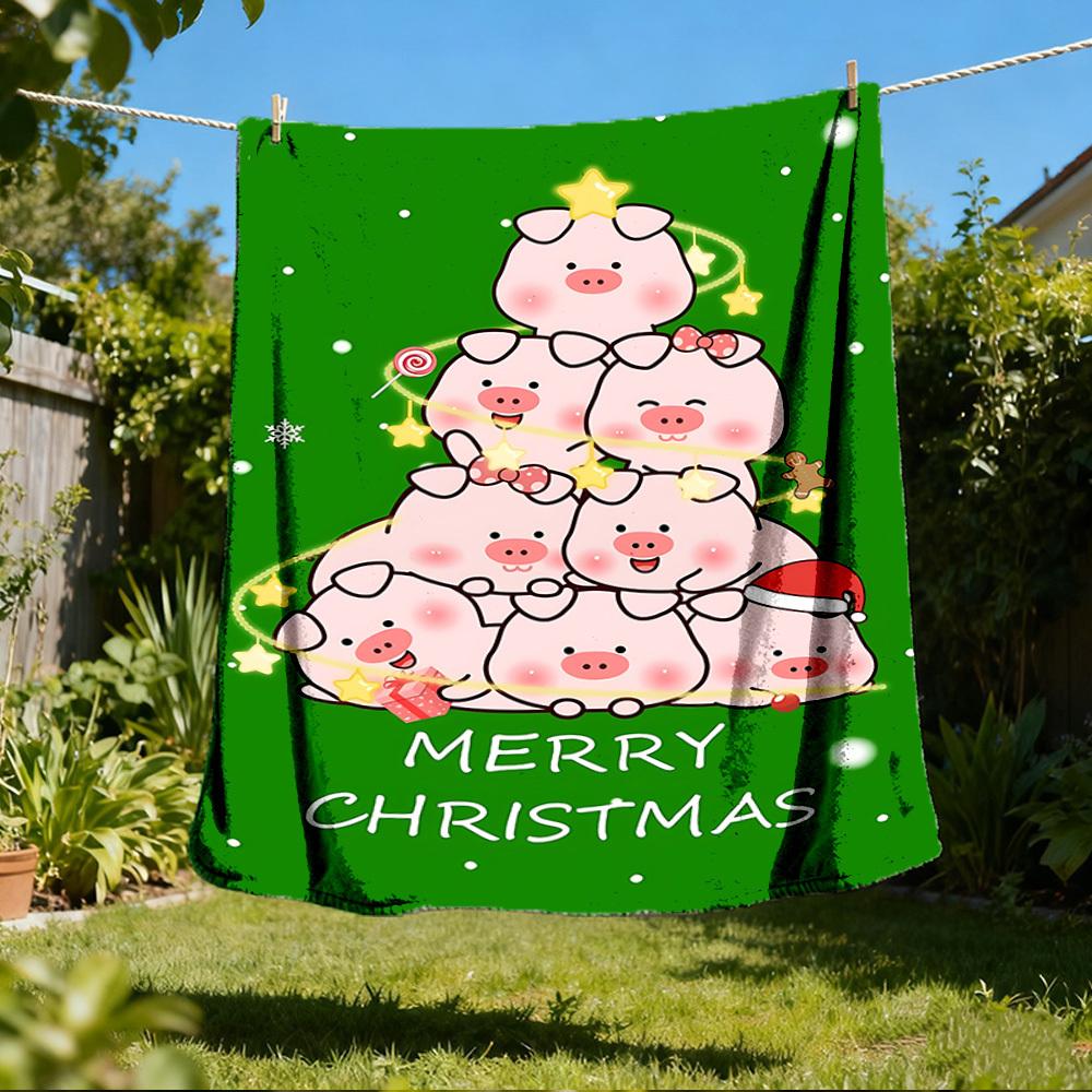 

1pc Christmas Pigs Outdoor Soft Polyester Flannel Throw Blanket Versatile for All Seasons , Soft , Cozy , Warm All Season Quilted Throw , 80x120cm
