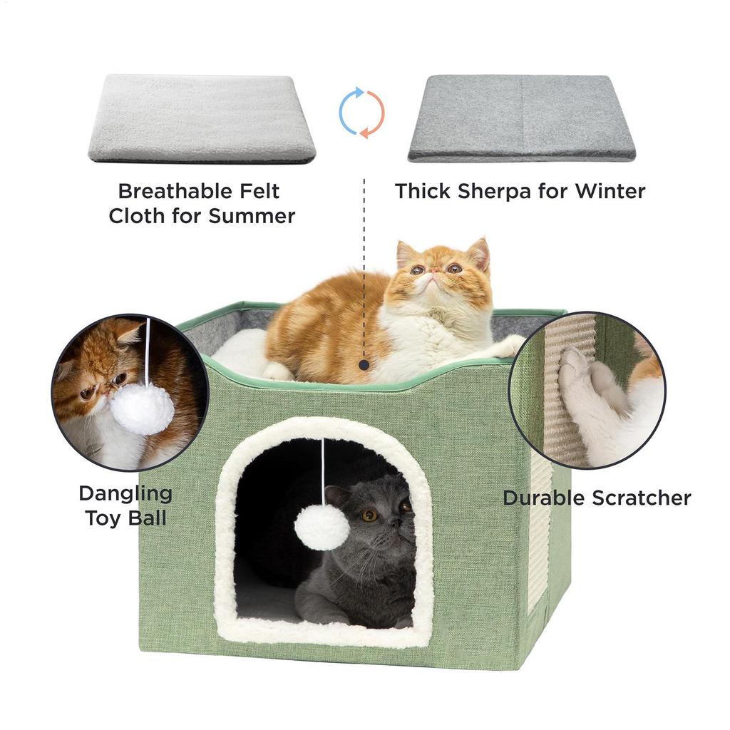 Cat House Bed Cave Foldable Cave Kitten House Cat Bed Sleeping Condo Cute Sleeping Tent Cube House With Plush Ball & Scratch Pad