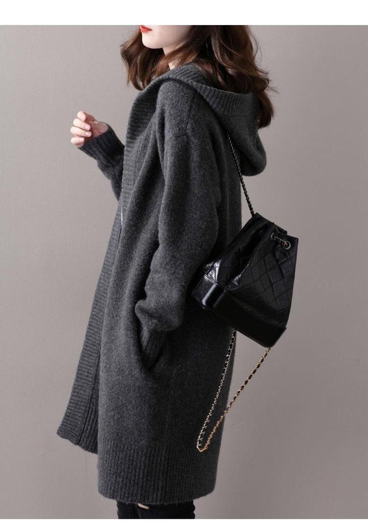 Women's Thicker Long Hooded Wool Cardigan - Warm, Loose Fit Cashmere Knit Outerwear