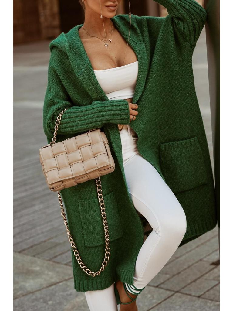 Autumn/Winter Hooded Long Cardigan Sweater with Turn-Down Collar and Letter Knit Design