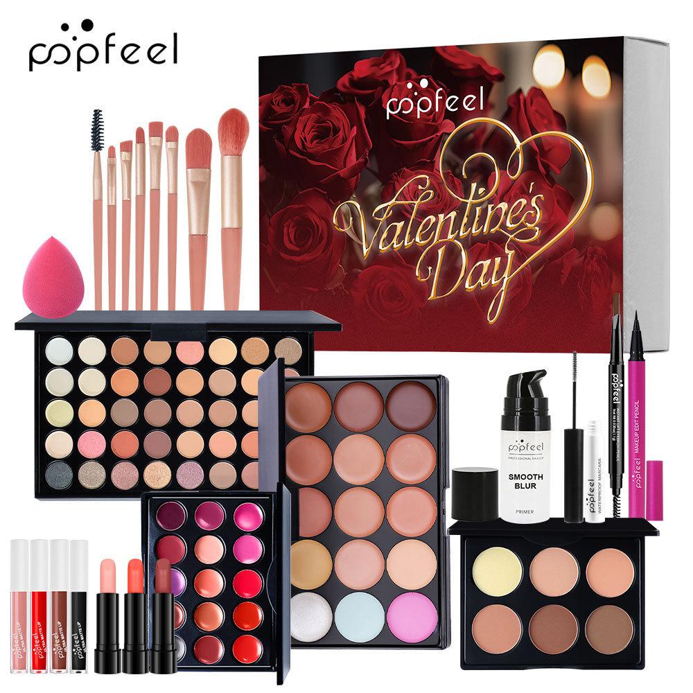 Valentine's Day Full Face Makeup Kit - All-in-One Cosmetic Gift with 35-Color Eyeshadow Palette, Contour Palette, Lipsticks, Brushes Holiday Gift Box