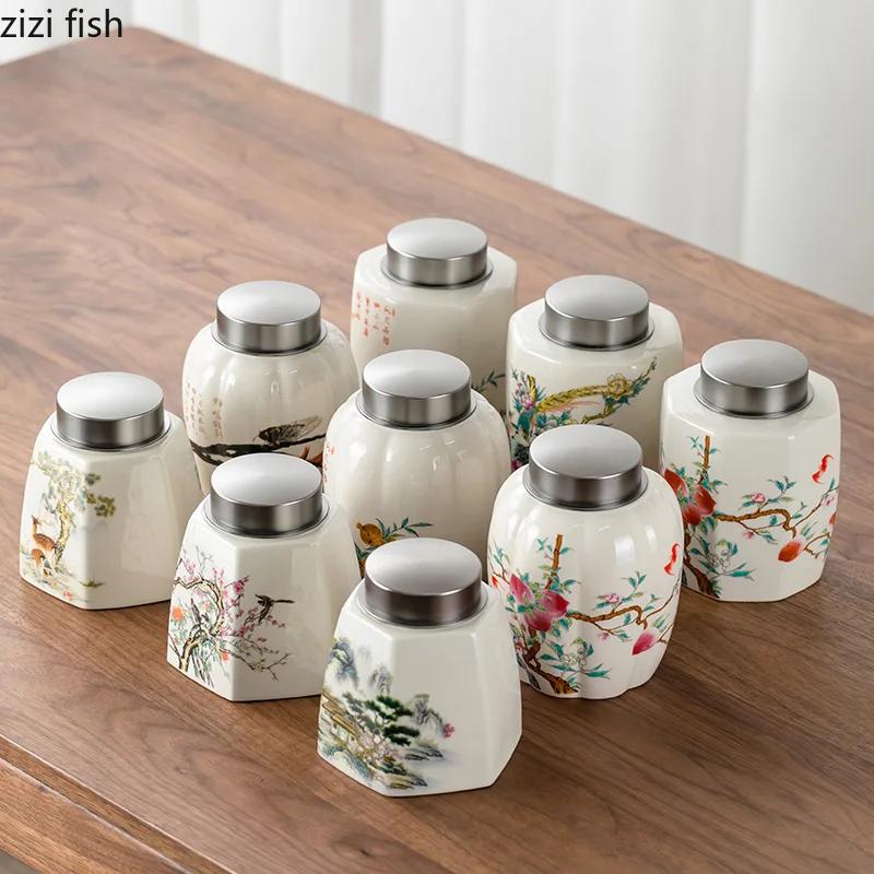 Retro Hand Painted Ceramic Tea Jar Tea Box Alloy Cover Sealed Moisture Proof Jar Tea Canister Candy Jar Household Teas Container