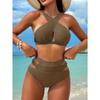 Cikini Solid Color Halter Neck Vacation Matching Bikini Set And Swim Trunks Two-Piece Bikini Set,Summer Beach