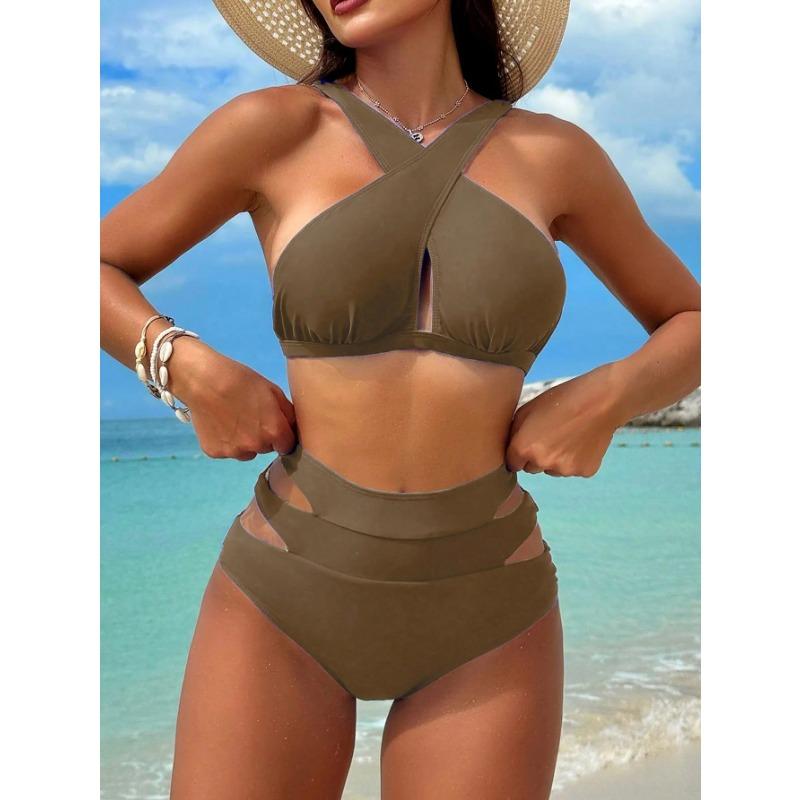Cikini Solid Color Halter Neck Vacation Matching Bikini Set And Swim Trunks Two-Piece Bikini Set,Summer Beach