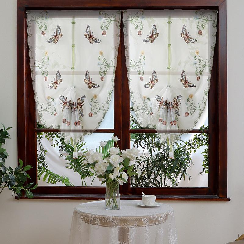 French Transparent Embroidery Butterfly Flower Curtain, Pull-down Window Curtain, Flowing Drapery