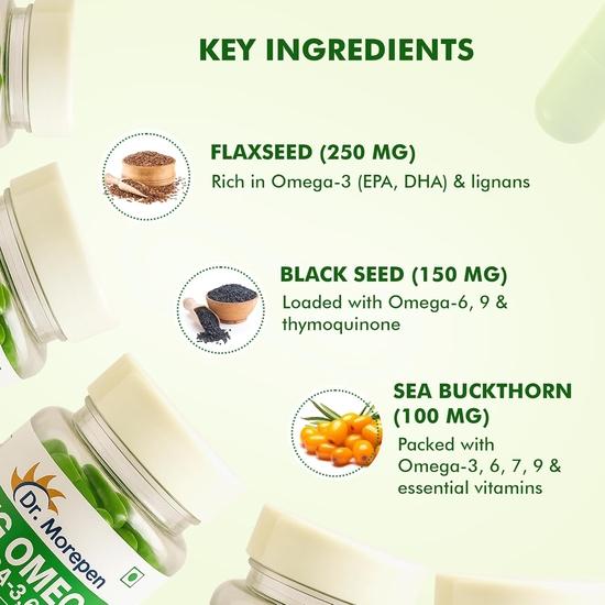 DR. MOREPEN Veg Omega 3 6 7 9 Capsules 500mg Flax Seed, Black Seed & Sea Buckthorn - 60 Veg Capsules