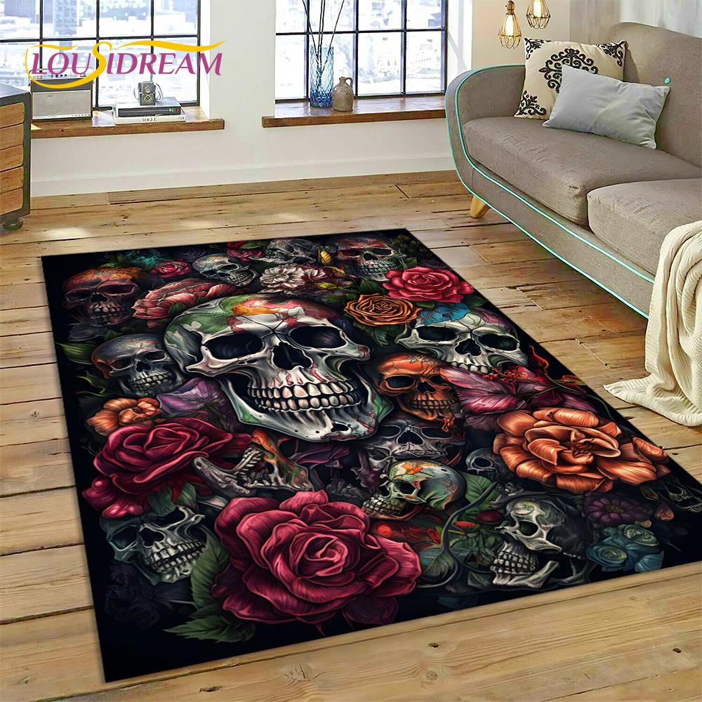 Cartoon Horrible Gothic Skull Flowers Carpet Rug for Home Living Room Bedroom Sofa Doormat Decor,Kid Area Rug Non-slip Floor Mat