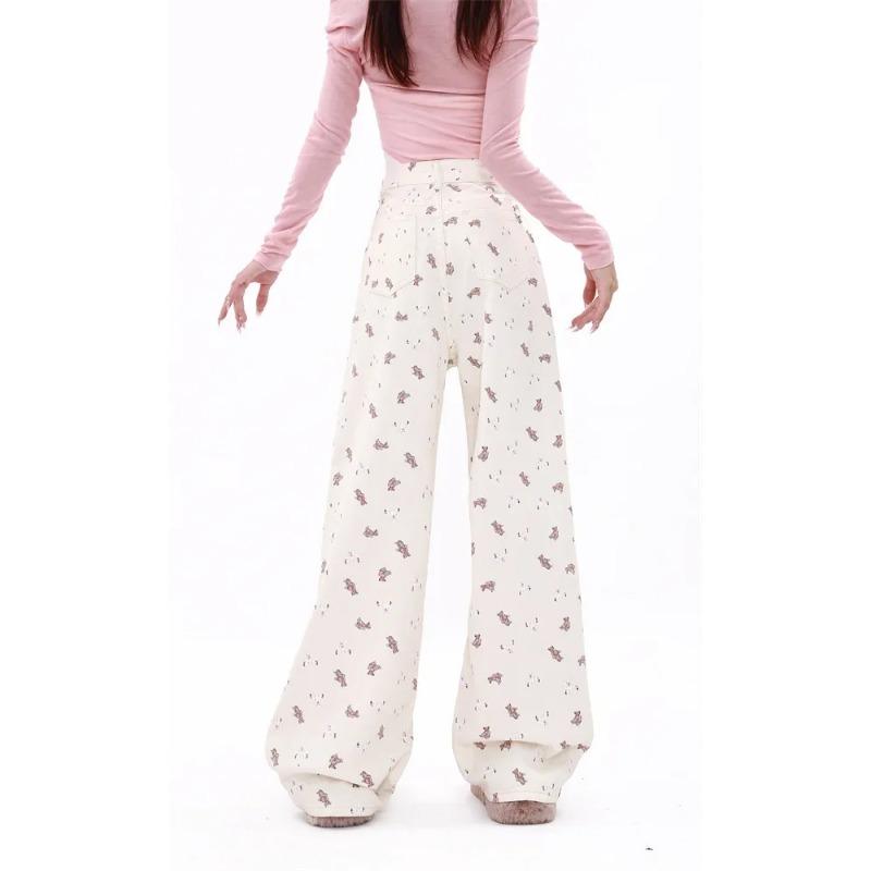 Women's Vintage White Jeans Harajuku Y2k 90s Aesthetic Denim Pants Streetwear Straight Cowboy Trousers 2000s Trashy Clothes