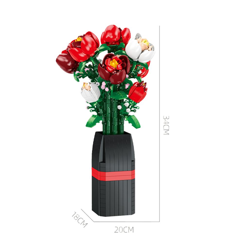 DIY Red Rose Building Blocks Bouquet - Romantic Vase Flower Gift for Adults, Valentine's Day Anniversary Home Desk Decor