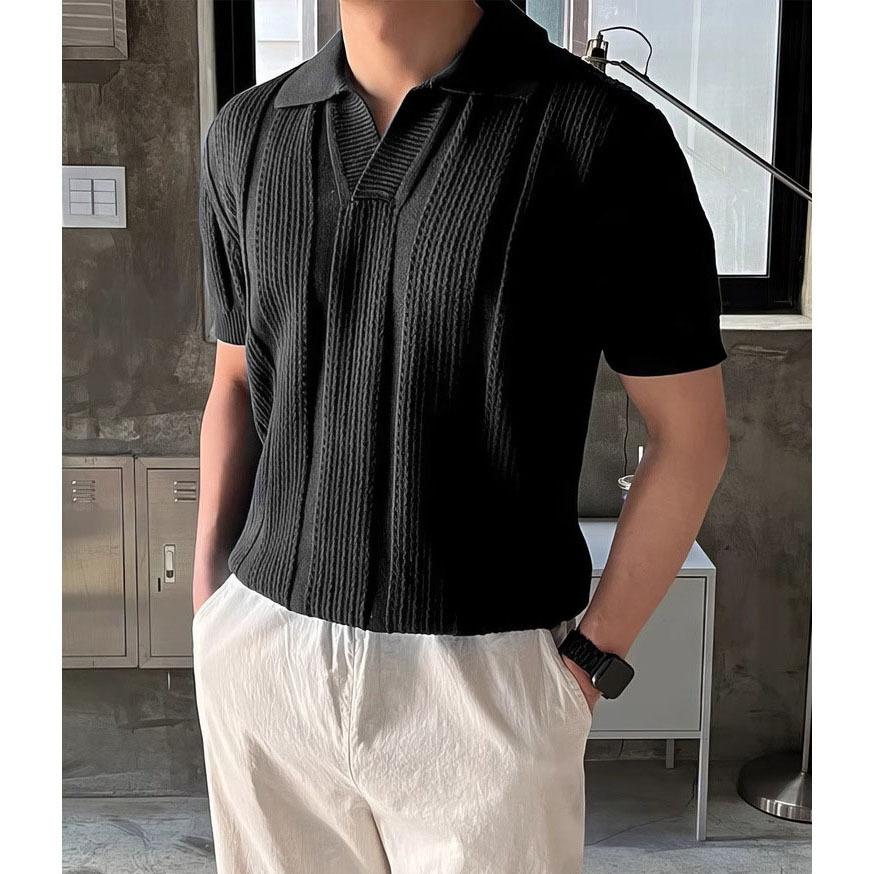 Men S Knitted Polo Shirt Short Sleeve Hollow Out Ice Silk Summer Old Money Style