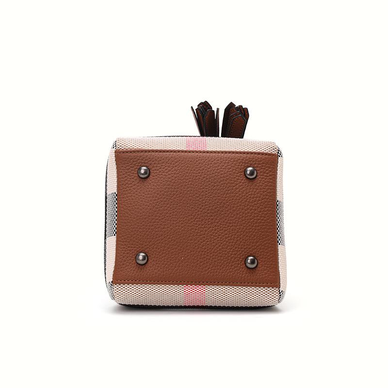 Neue Damen-Umhängetasche aus echtem Leder und Canvas, Eimertasche, kleine Tasche