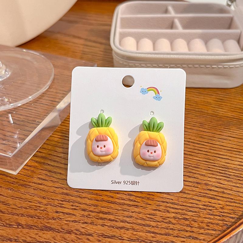 Summer Cartoon Cute Fruit Anthropomorphic Q Version Fun Girl Stud Earrings Peach Cow Flowers