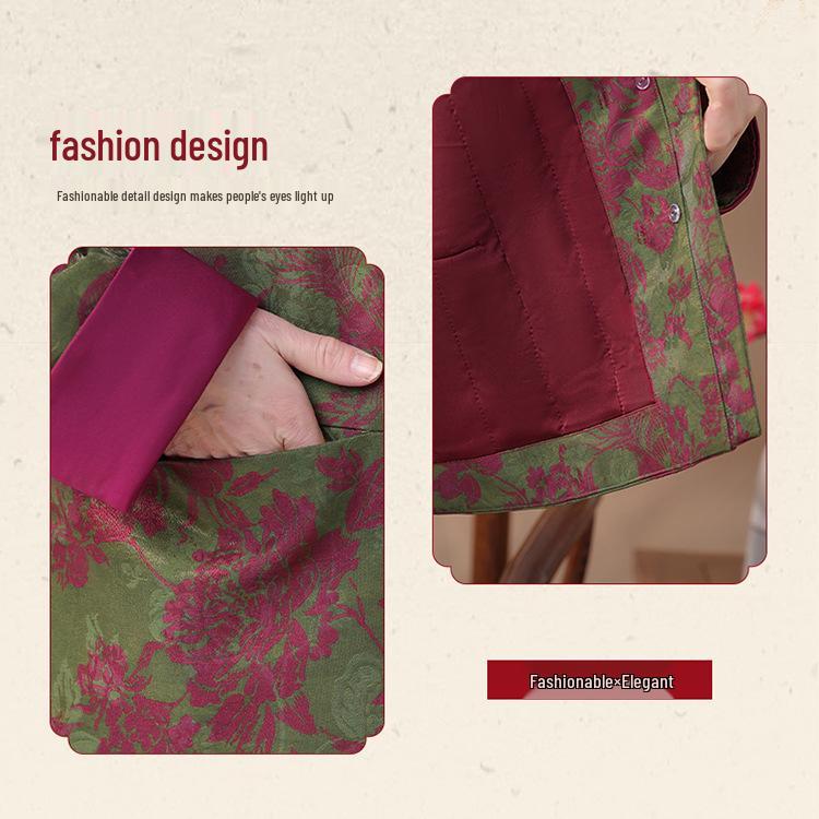 Spring Floral Wool & Cotton Frog Button Jacket for Middle-Aged and Elderly Women - Loose Plus Size