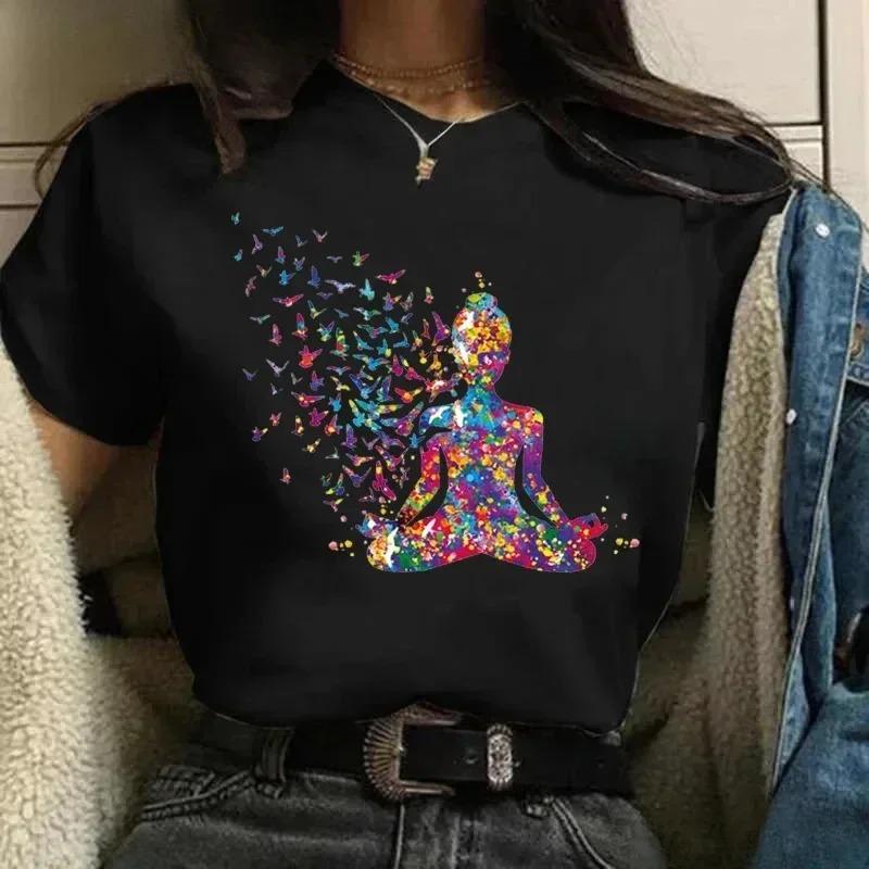 

Watercolor Breathe Chakra Symbols Yoga Print Tshirt Women Bird Om Aum Jade Buddha Meditation Tie Die T Shirt Femme TShirt Tops S
