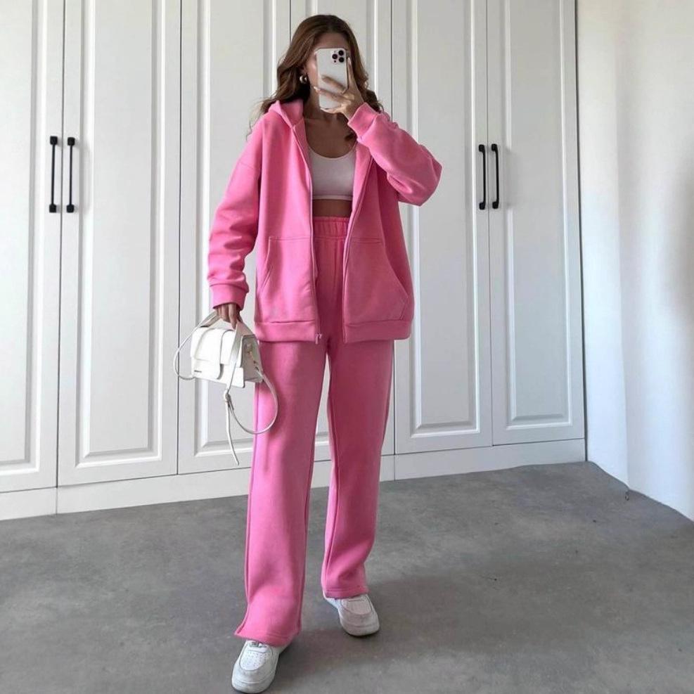 Europe, America, cross-border, women's clothing 2025 new fashion casual suit solid color long-sleeved sweater zipper trousers two-piece set