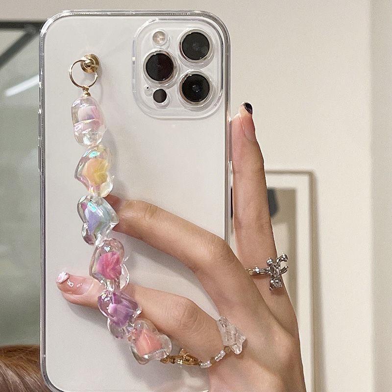 iPhone 15 Pro Max/17/16/13/11/XS Full Coverage Transparent Case with Heart-Shaped Colorful Candy Bracelet