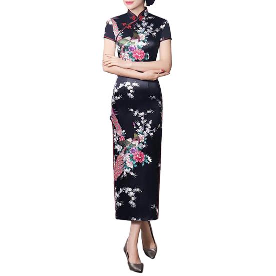 Women Dress Chinese National Style Floral Print Stand Collar Short Sleeves High Side Split Chinese Knot Buttons Cheongsam Satin Silky Slim Fit Summer