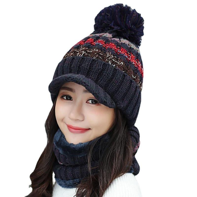 Fleece Knitted Cap Women's Autumn and Winter Fashion Mixed Color Scarf Hat Set Student Cold Cycling Wool Hat