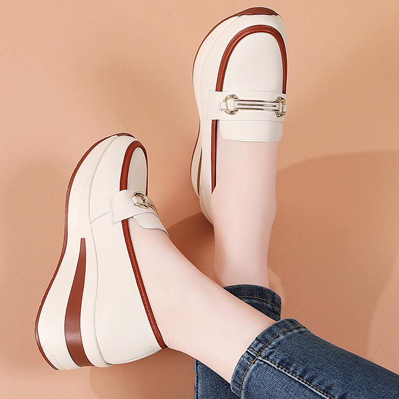 Women Slip on Platform Loafers Casual Leather Business Office Shoes Thick Sole Height Increase Shake Shoes Large Size