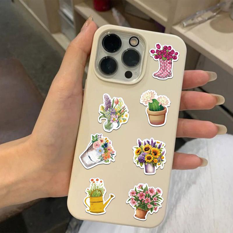 50 Pcs Potted Flower Stickers Cartoon Vinyl Waterproof Plants Sticker for Laptops Water Bottles Flower Pots Vases Guitar Decals