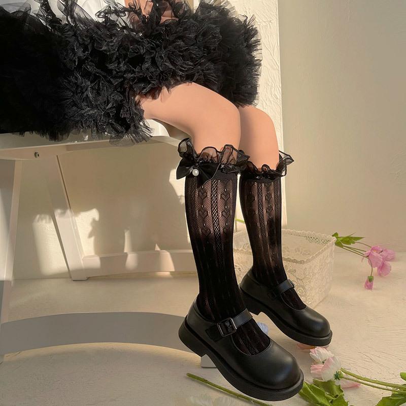 Children's Socks Summer Lolita Wooden Ear Mesh Ribbon Large Bow Mid-tube Socks for Girls