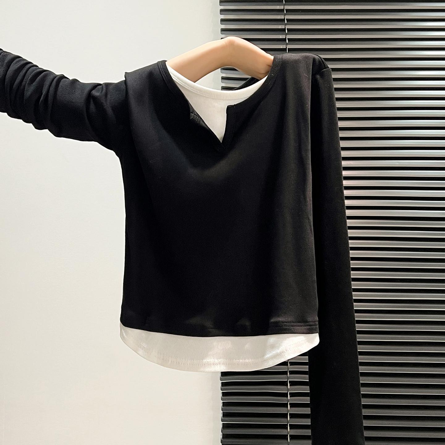 

Color-block Women s Long-Sleeve Faux Two-Piece Slim Top for Spring, Autumn, and Winter Small чёрный