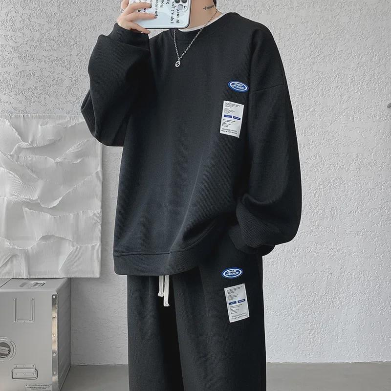 Men's Waffle Knit Sportswear: Street Style Sweatshirt & Straight Sweatpants Two-Piece Set for Spring & Autumn.