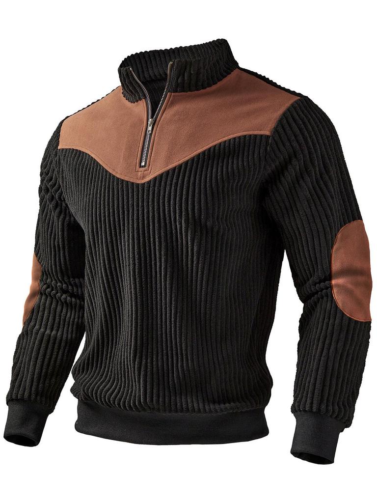 Men's Retro Stand-Up Collar Ribbed Pullover - Half-Zip, Warm Patchwork for Autumn/Winter Christmas Gift
