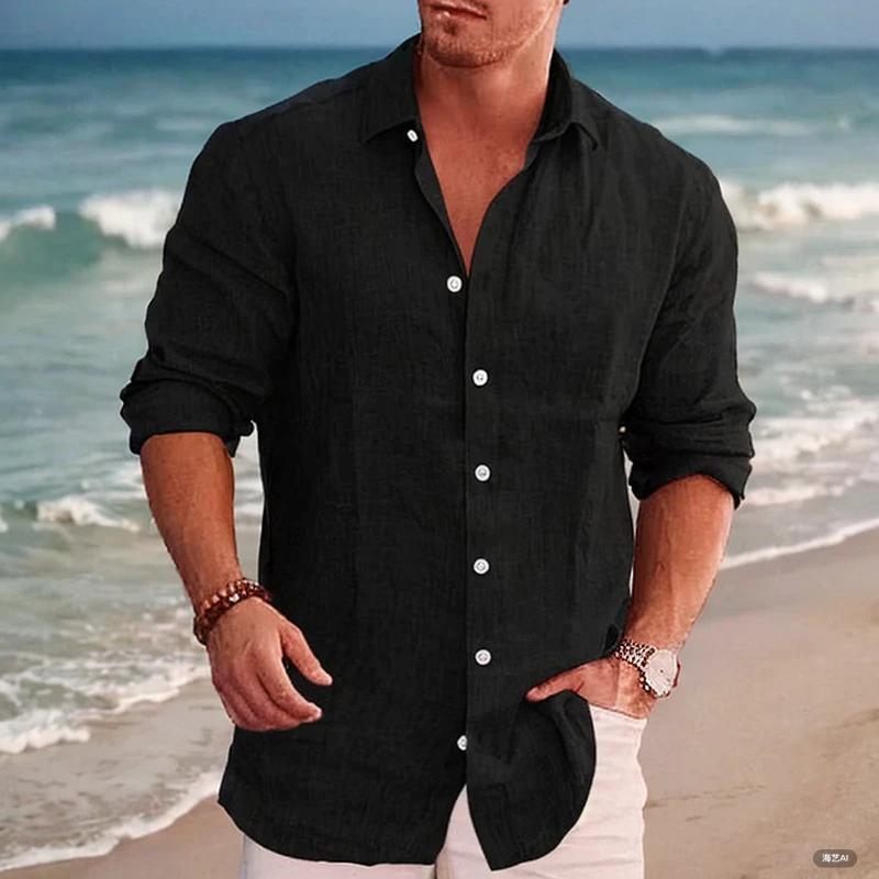 

New Casual Solid Color Long Sleeve Shirt Cotton Lapel Buckle Long Sleeve Beach Shirt Top XXXL чорний
