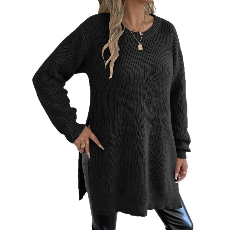 Autumn Winter New Tops Cross-border European and American Women's Round Neck Pullover Slit Woven Casual Sweater