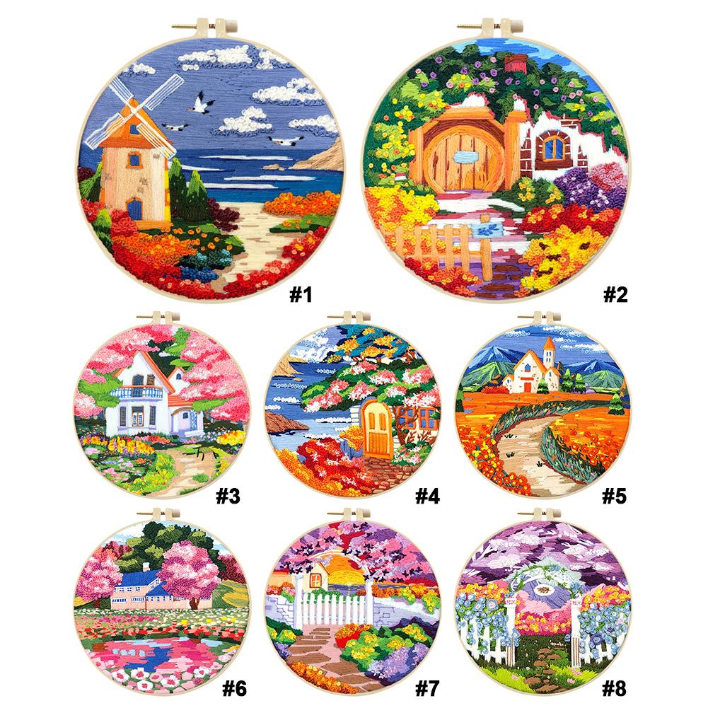 Landscape Stamped Cross Stitch Embroidery Kits with Hoop Cloth Color Thread