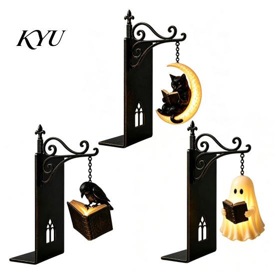 Fermalibri Robusti Fermalibri Gotici in Metallo con Luce Appesa, Gatto Corvo Fantasma Decorativo Luna Nera Supporto Lampada per Libreria, Chiesa Vintage