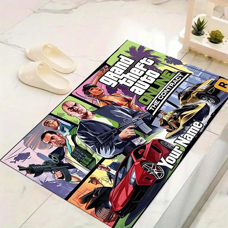 Custom 1Pc Grand Theft Auto Promotional Art Flannel Personalized Rug Non Slip Floor Mat Soft Carpet for Living Bedroom Office Home Decor Gift