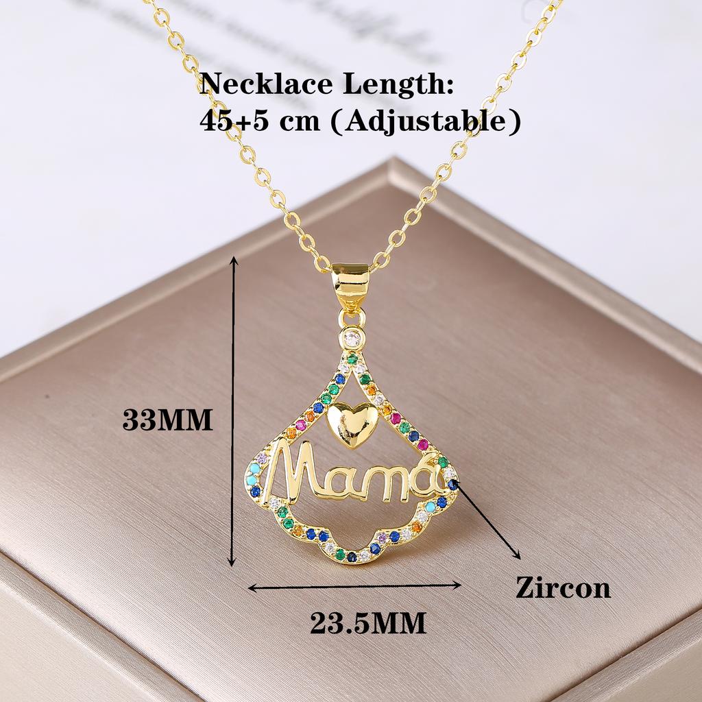 Gold-Plated Colored Zircon Heart Shape MAMA Pendant Necklace Fashion for Women Mom Party Birthday Jewelry Mother's Day Gift