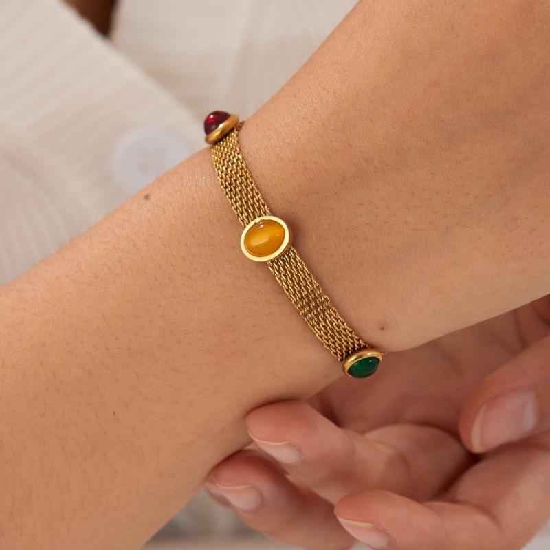 Gold Plated Multi Layer Mesh Chain Bracelet with Colorful Stones
