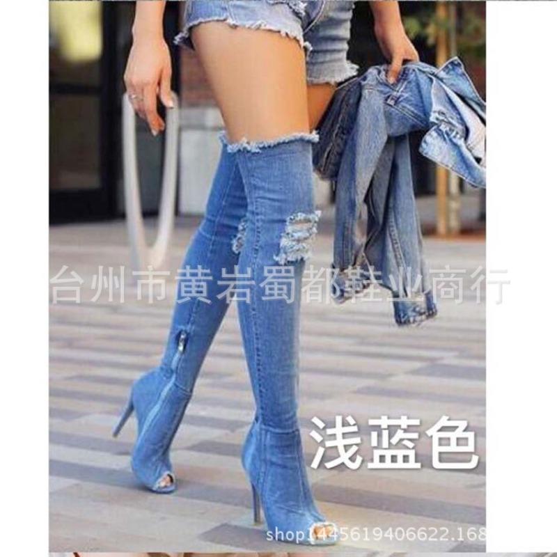 Autumn and Winter New Long Women's Cool Boots Super High Heel Elastic Denim Catwalk Fish Mouth Thin Heel Boots
