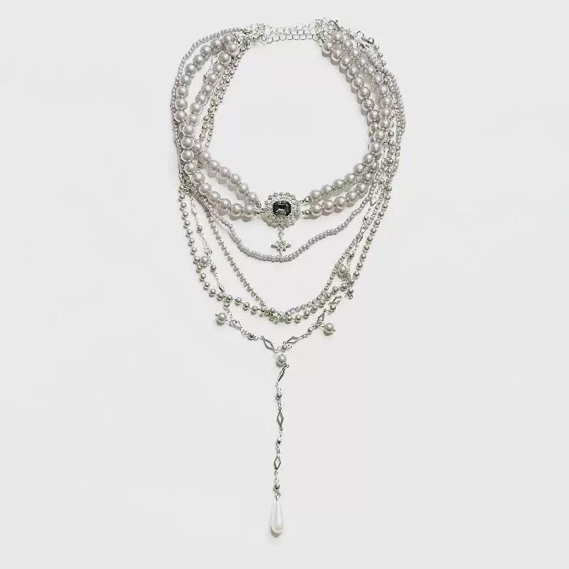 Graue Perle Mehrschichtige Fransenkette, Weibliche Nische High-End Diamantenbesetzte Wassertropfen Gestapelte Pulloverkette