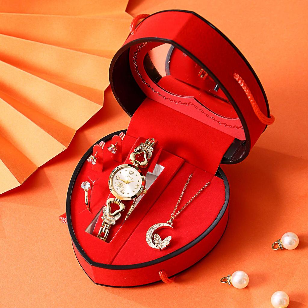 Heart-Shaped Diamond Watch & Necklace Set - Stainless Steel Gift Box for Teacher's Day or Holiday Gift for Girlfriend