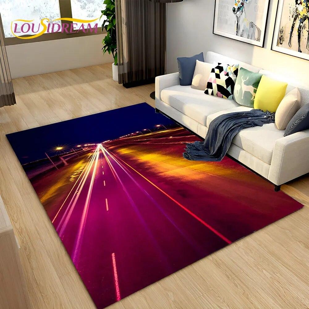 3D Neon Expressway Track Road Area Rug Large,Carpet Rug for Home Living Room Bedroom Sofa Doormat Decor,Kids Non-slip Floor Mat